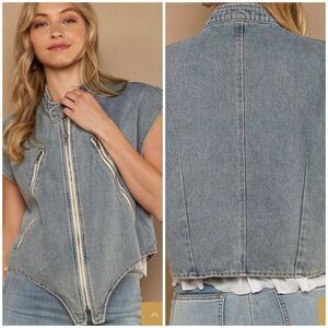 POL High Neck Zipper Front Zipper Denim Vest Jacket Size Large Cotton Boho Chic